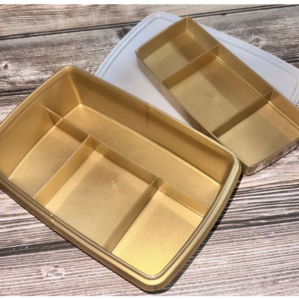 Tupperware Tuppercraft Stow-N-Go Storage Box Gold 3 pc Lid Tray 767